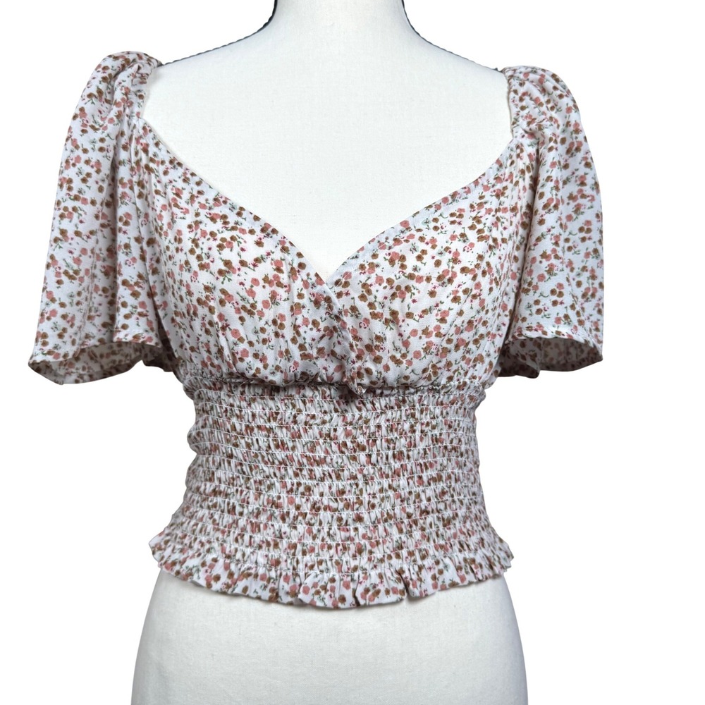 Tempted Los Angeles Floral Smocked Top Womens S White Excellent Flutter Sleeve